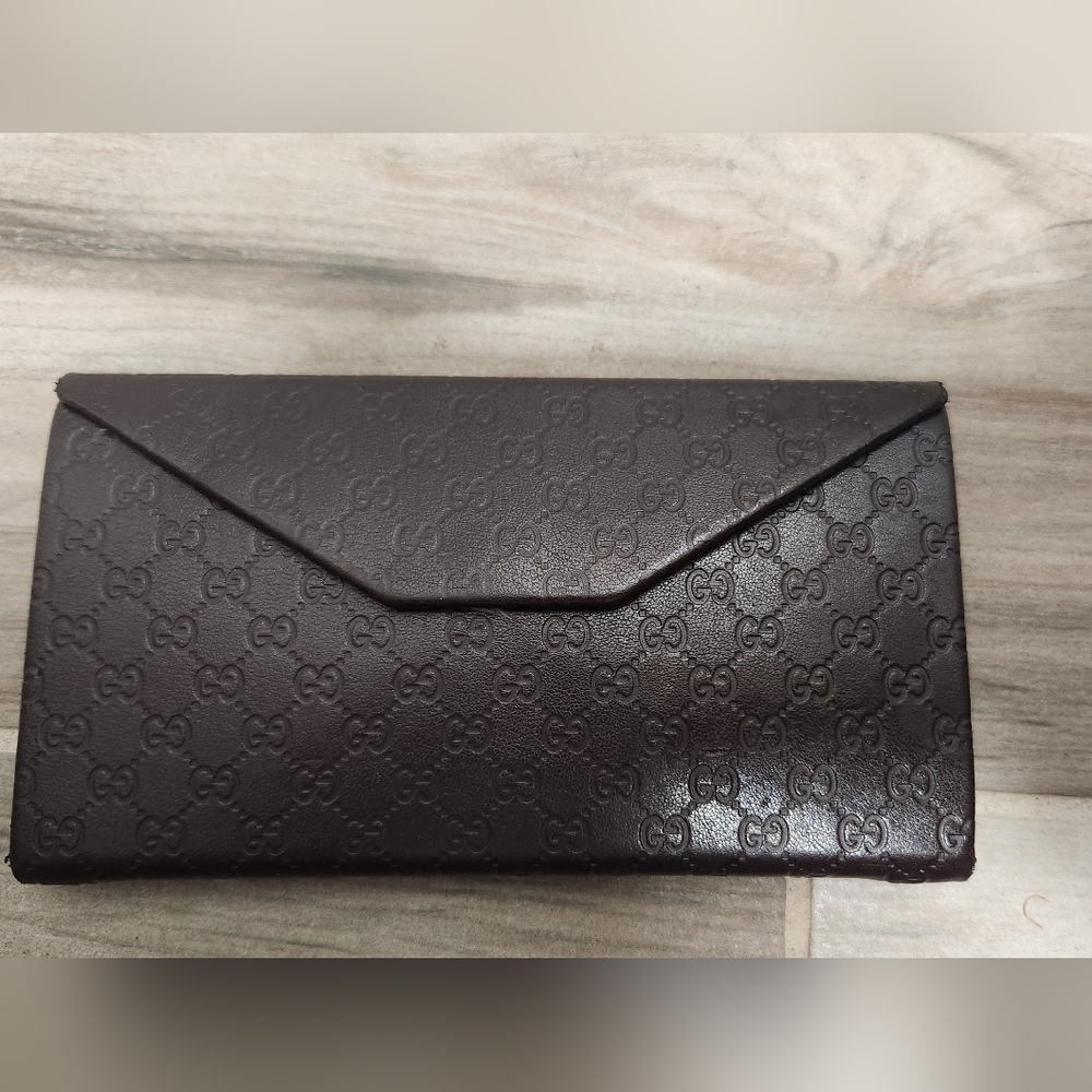 Gucci Sima Trifold Glasses Case Foldable Brown Leather Logo Authentic